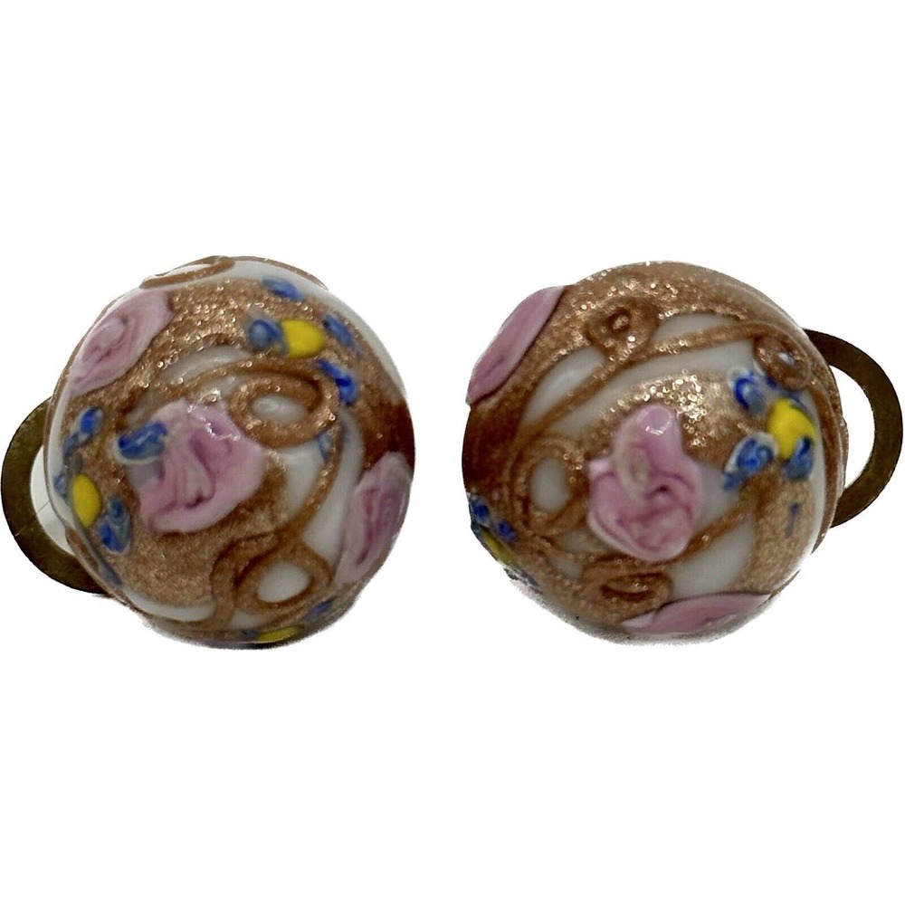 Vtg Italian Wedding Cake Bead Clip On Earrings Pink Rose Fiorato Venetian 1940's